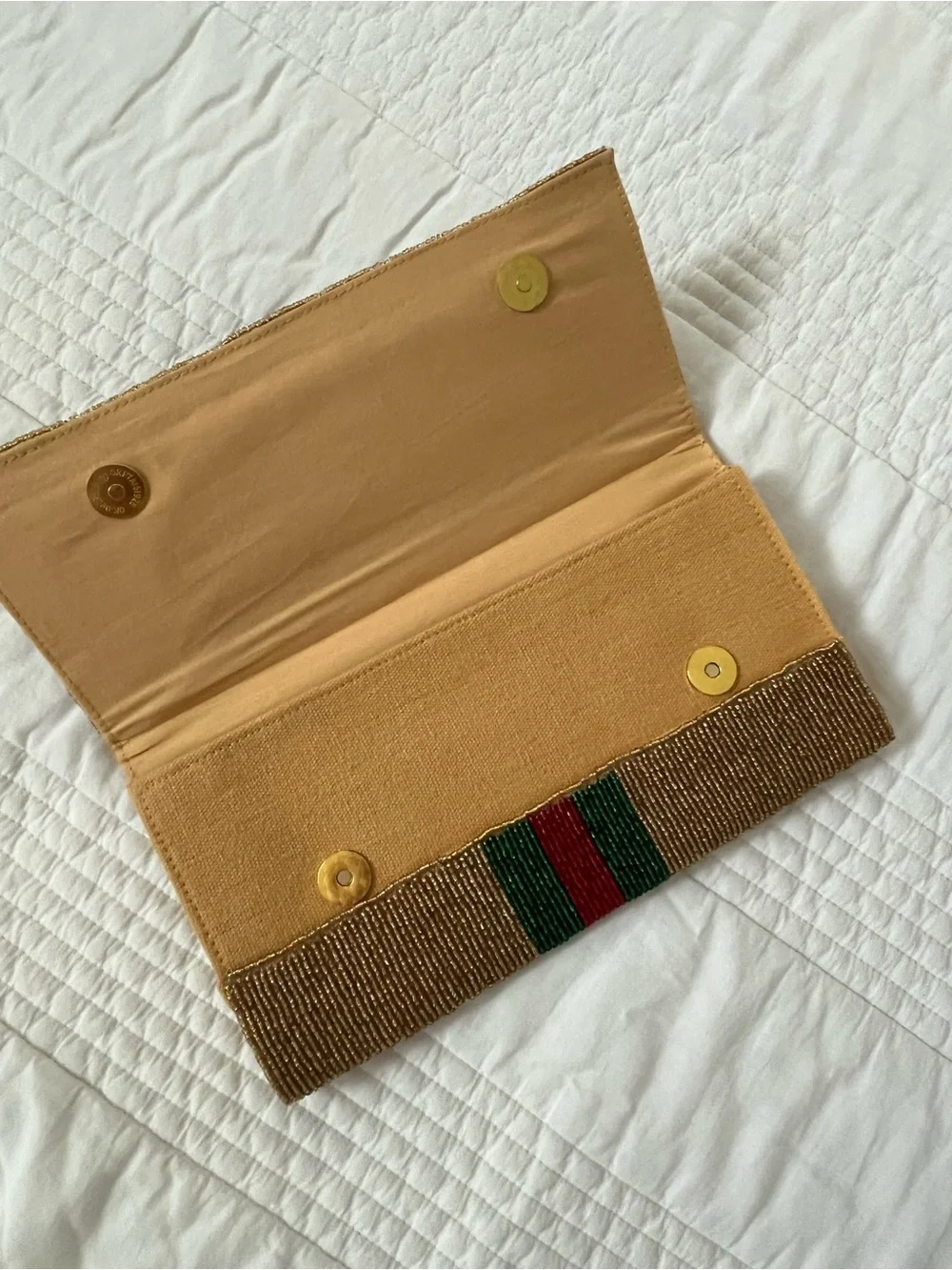 Gold Beaded Clutch with Green & Red Stripe